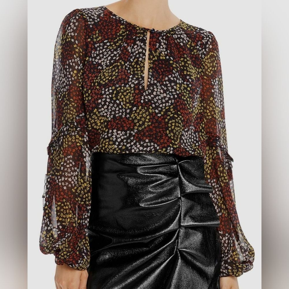 Joie Silk Whimsy Goth Flowy Floral Print Top with Ruffle Detail on Sleeves Boho